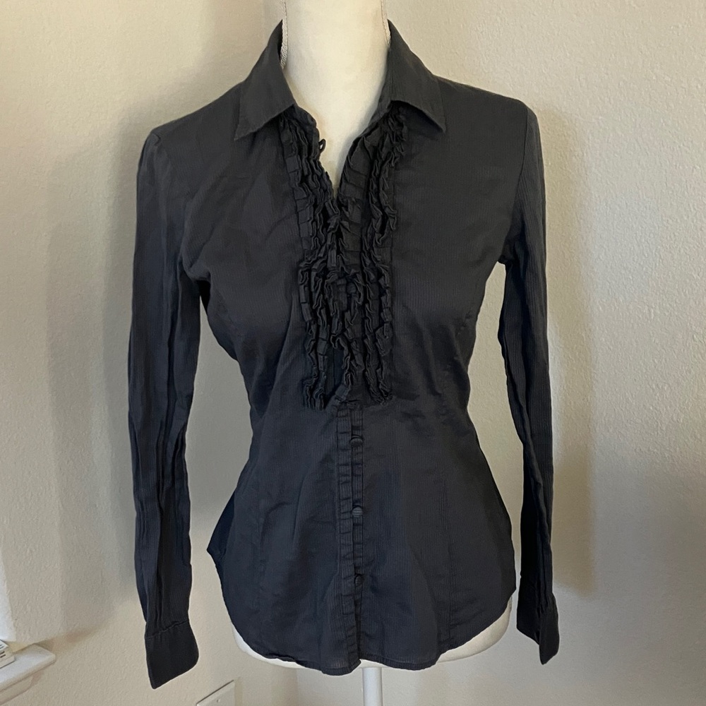 Y2K New York & Company women’s Black Ruffled Front Button-Down Shirt